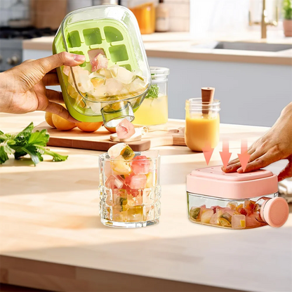 Ice Cube Bottle with Straw, 2 In 1 Touch-Free Push-Type Ice Cube Making Bottle, Easy Release Water Bottle Ice Mold