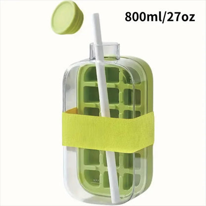 Ice Cube Bottle with Straw, 2 In 1 Touch-Free Push-Type Ice Cube Making Bottle, Easy Release Water Bottle Ice Mold