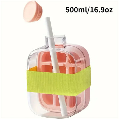 Ice Cube Bottle with Straw, 2 In 1 Touch-Free Push-Type Ice Cube Making Bottle, Easy Release Water Bottle Ice Mold