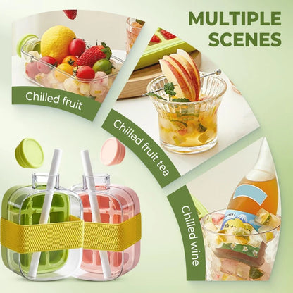 Ice Cube Bottle with Straw, 2 In 1 Touch-Free Push-Type Ice Cube Making Bottle, Easy Release Water Bottle Ice Mold